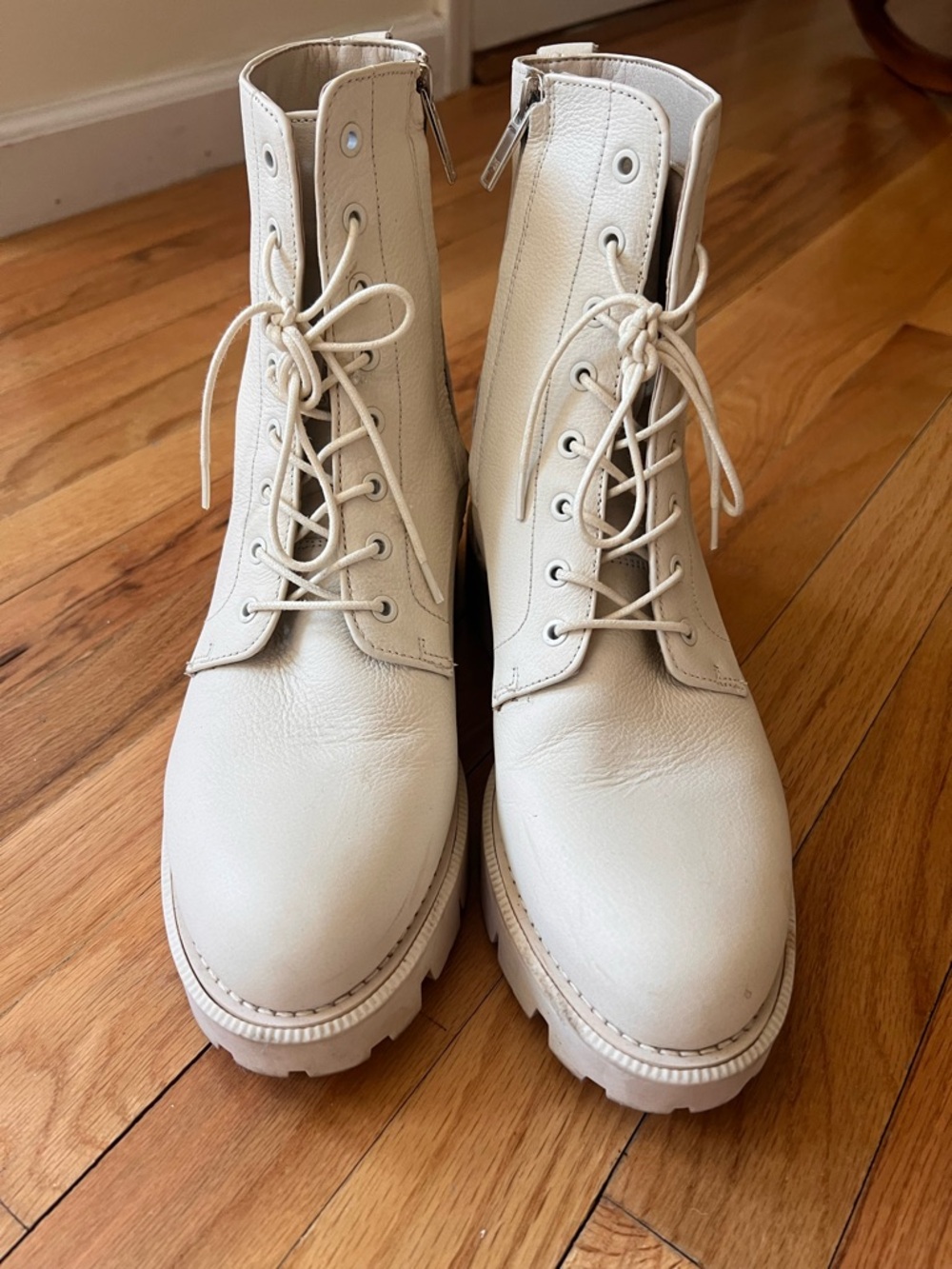 Sam Edelman Cream Leather Combat Boots Lug Sole Zip Lace Up Size 10